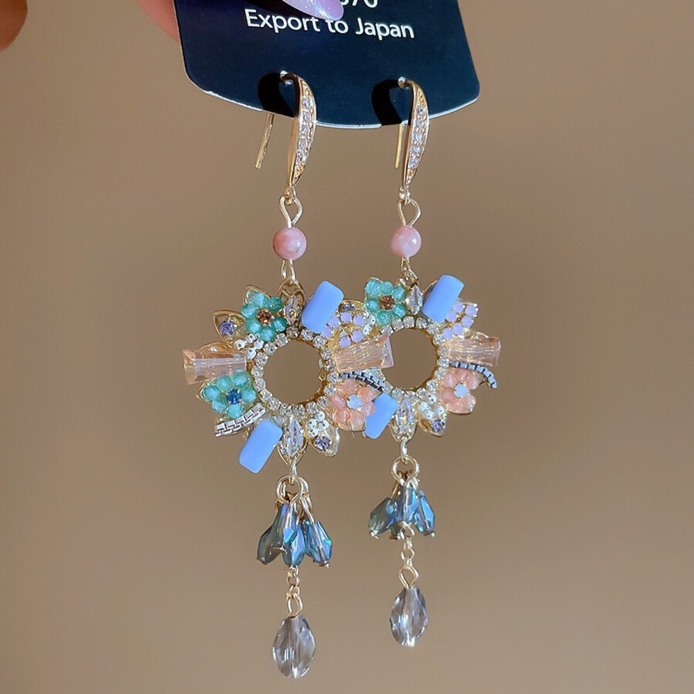 Delicate Floral Drop Earrings in Pastel Blue & Pink